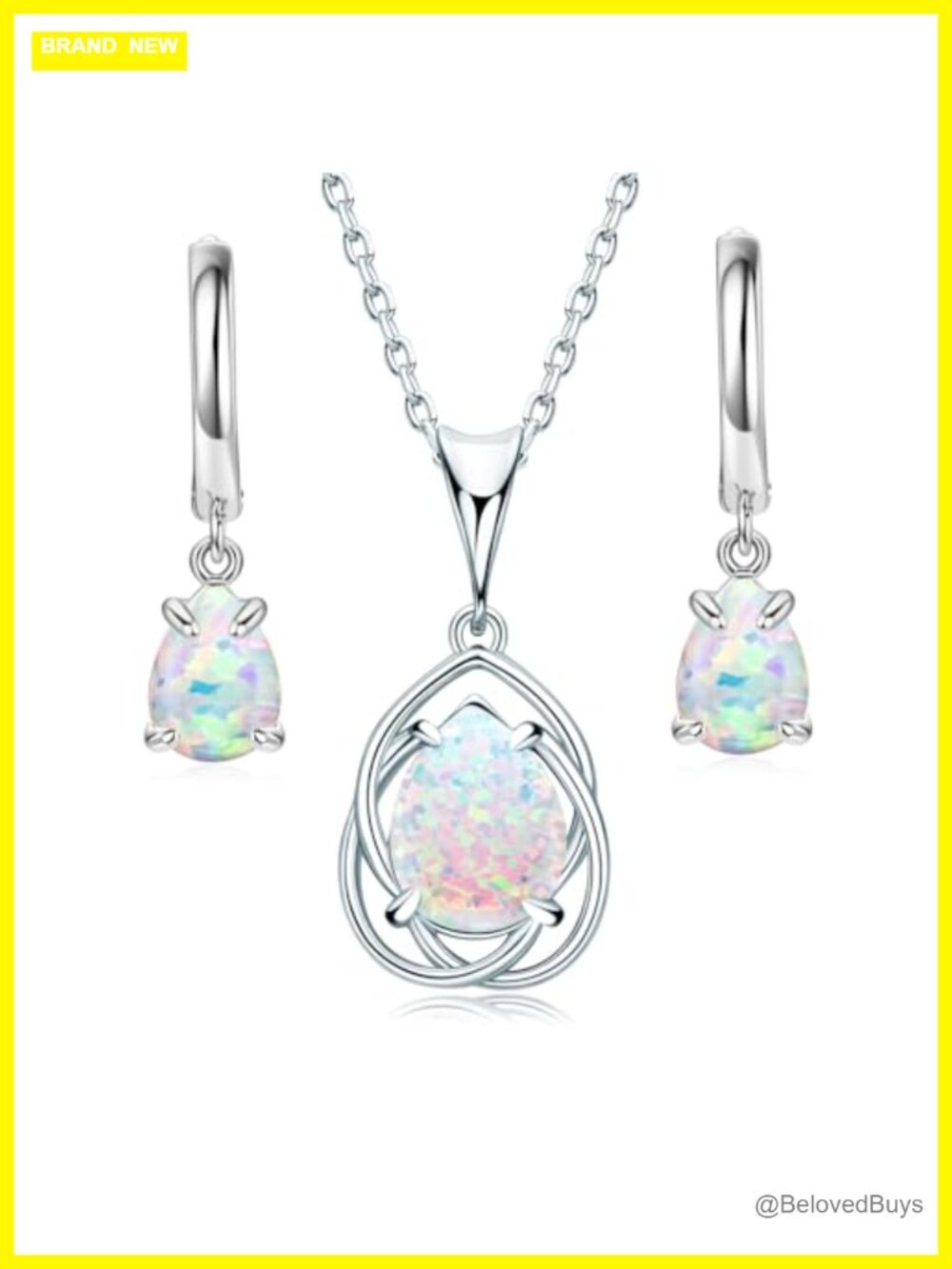925 Sterling Silver Synthetic Opal Necklace Earrings Set Pear Cut